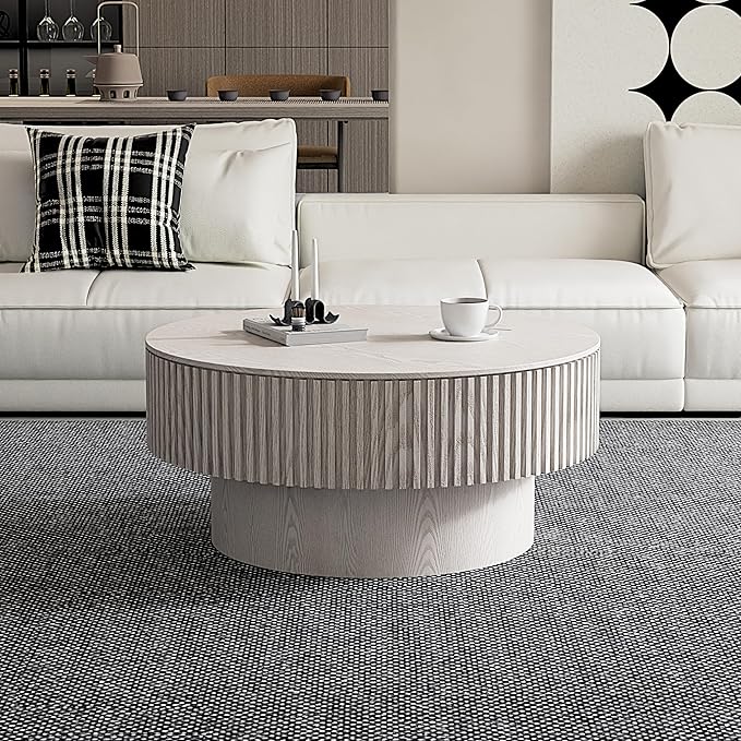 31.5'' Round Coffee Table with Storage, Modern Luxury Circle Drum Center Tables with Solid Wood Veneered, Accent Side Coffee Table for Living Room, Bedroom, Apartment-White