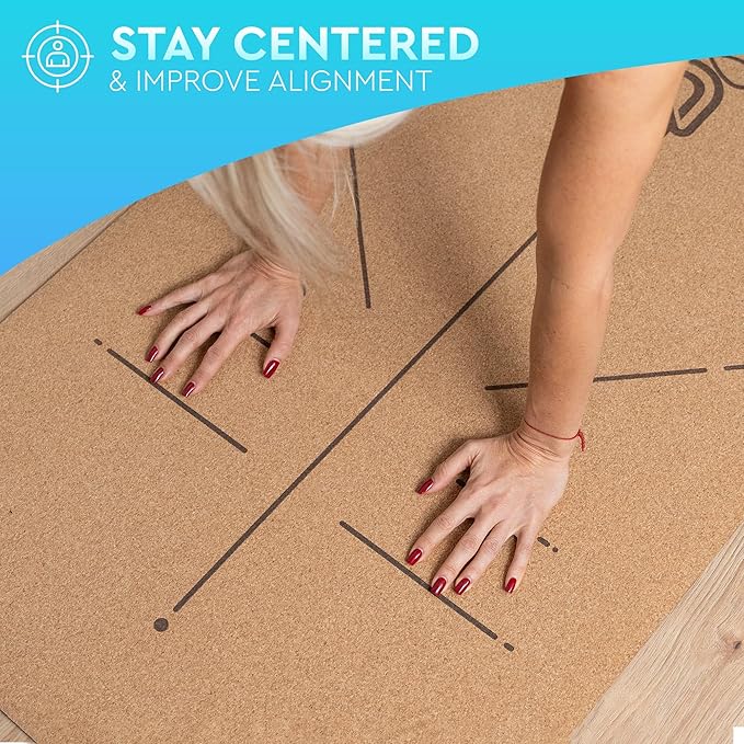 Natural Cork Yoga Mat with Alignment Lines and 55 Instructional Cards in 7 Themes for Beginner - Non-Slip Eco Friendly - 183x66x5mm for Home Workouts, Balance & Precision