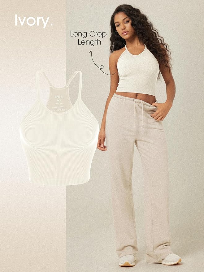 ODODOS Women's Crop 3-Pack Seamless Rib-Knit Camisole Crop Tank Tops