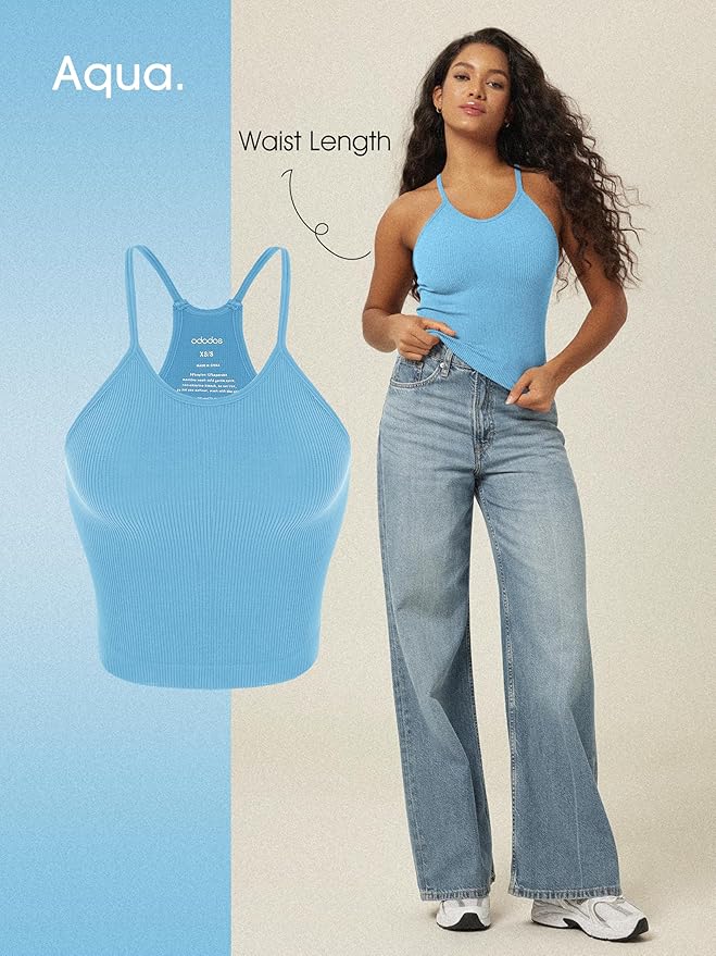 ODODOS Women's Crop 3-Pack Seamless Rib-Knit Camisole Crop Tank Tops