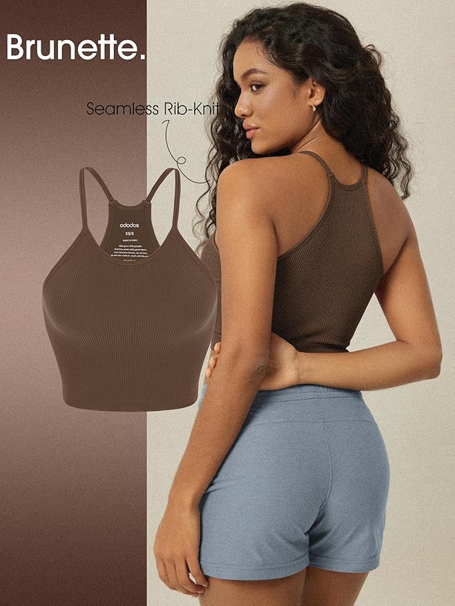 ODODOS Women's Crop 3-Pack Seamless Rib-Knit Camisole Crop Tank Tops