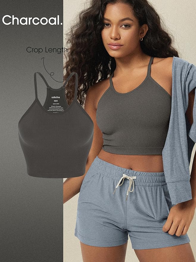ODODOS Women's Crop 3-Pack Seamless Rib-Knit Camisole Crop Tank Tops