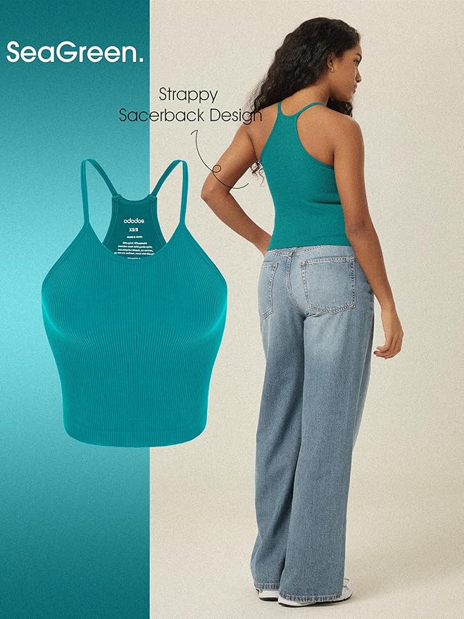 ODODOS Women's Crop 3-Pack Seamless Rib-Knit Camisole Crop Tank Tops
