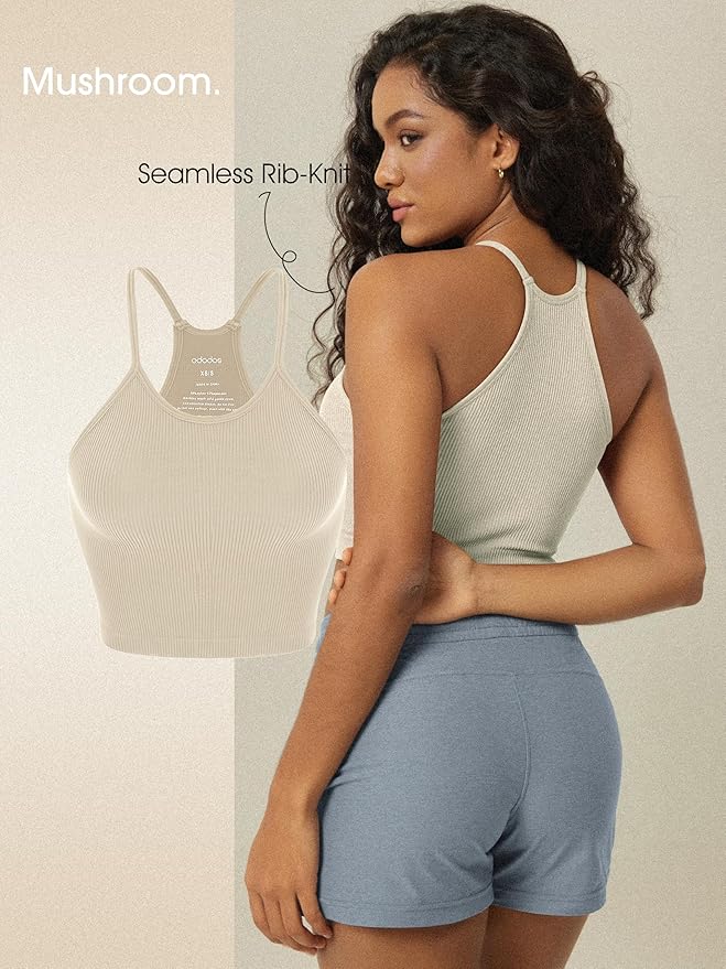 ODODOS Women's Crop 3-Pack Seamless Rib-Knit Camisole Crop Tank Tops