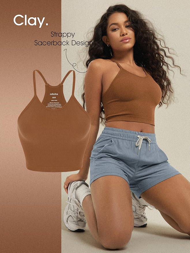 ODODOS Women's Crop 3-Pack Seamless Rib-Knit Camisole Crop Tank Tops