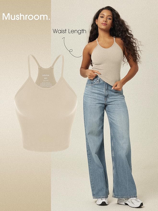 ODODOS Women's Crop 3-Pack Seamless Rib-Knit Camisole Crop Tank Tops