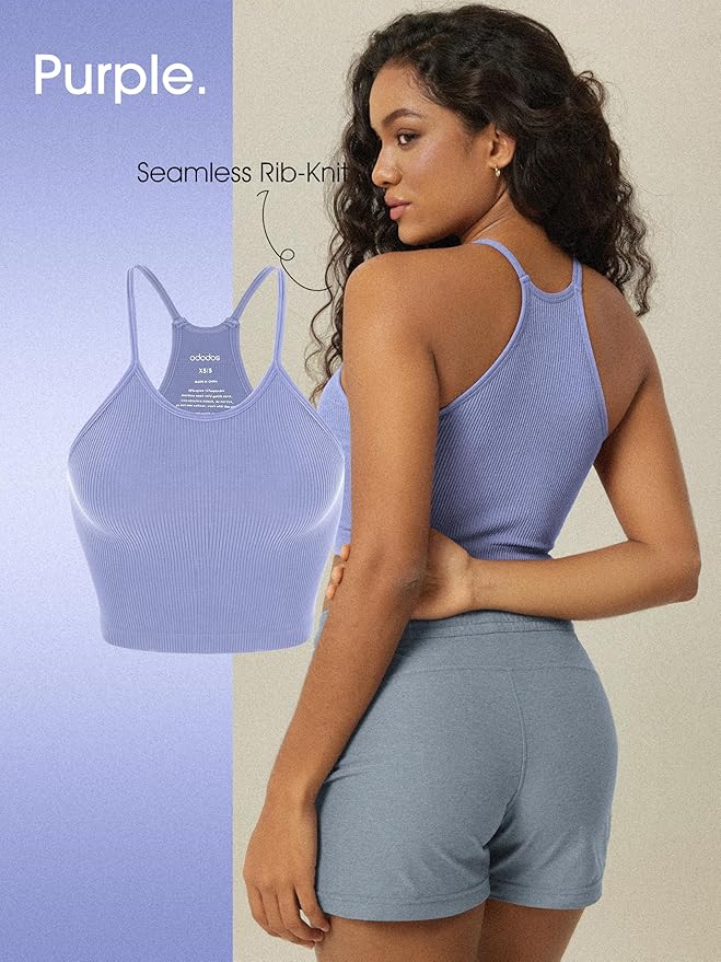 ODODOS Women's Crop 3-Pack Seamless Rib-Knit Camisole Crop Tank Tops