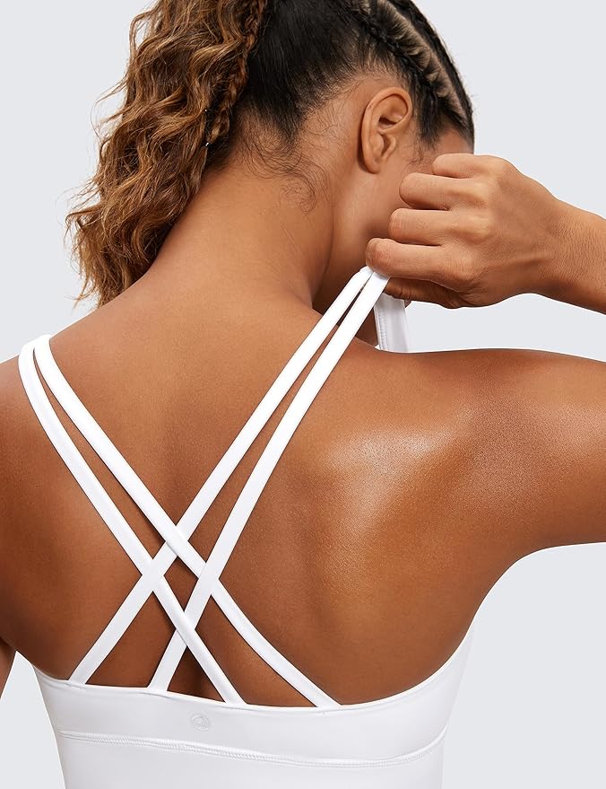 CRZ YOGA Naked Feeling Strappy Longline Sports Bras for Women - Medium Impact Criss Cross Yoga Padded Workout Crop Top