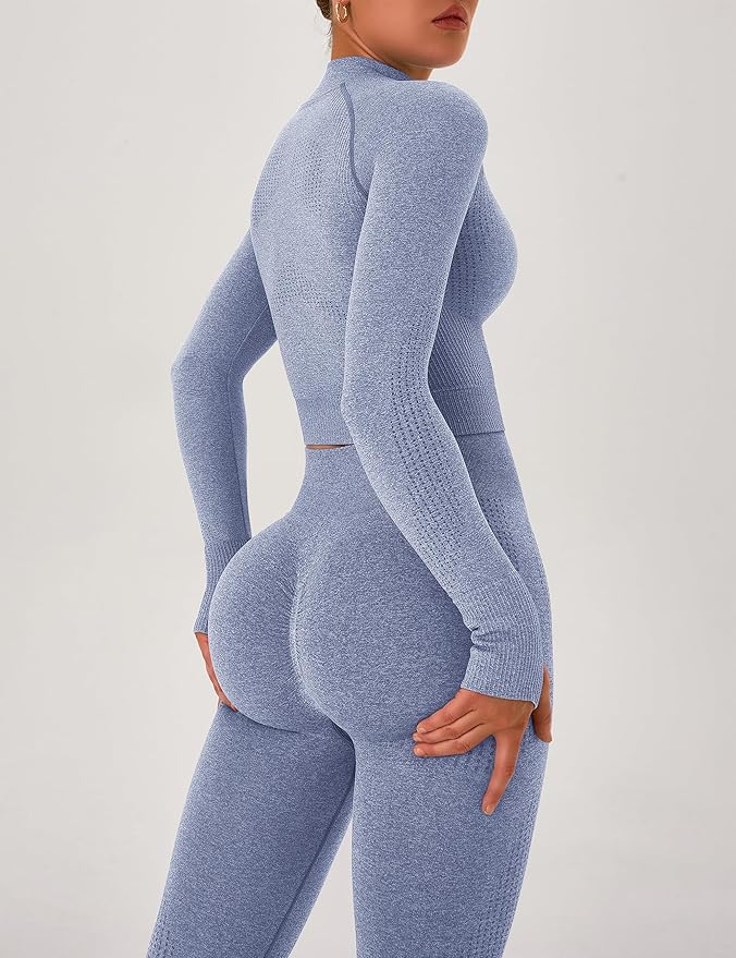 OLCHEE Womens Workout Sets 2 Piece Seamless Yoga Outfits Long Sleeve Zipper Jacket High Waist Leggings Butt Lifting Gym Set