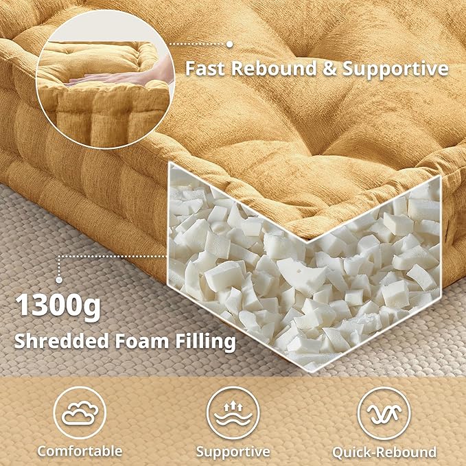 Intelligent Design Large Floor Pillow for Adults Yoga or Meditation Cushion with Handle, Floor Cushion for Board Games, Lustrous Chenille Tufted, Handsewn Scalloped Edge, Azza, 24" x 24" x 5" Yellow
