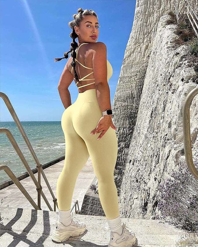 RXRXCOCO Ribbed Workout Sets for Women 2 Piece Backless Strappy Sports Bra Seamless Leggings Matching Set Yoga Outfits