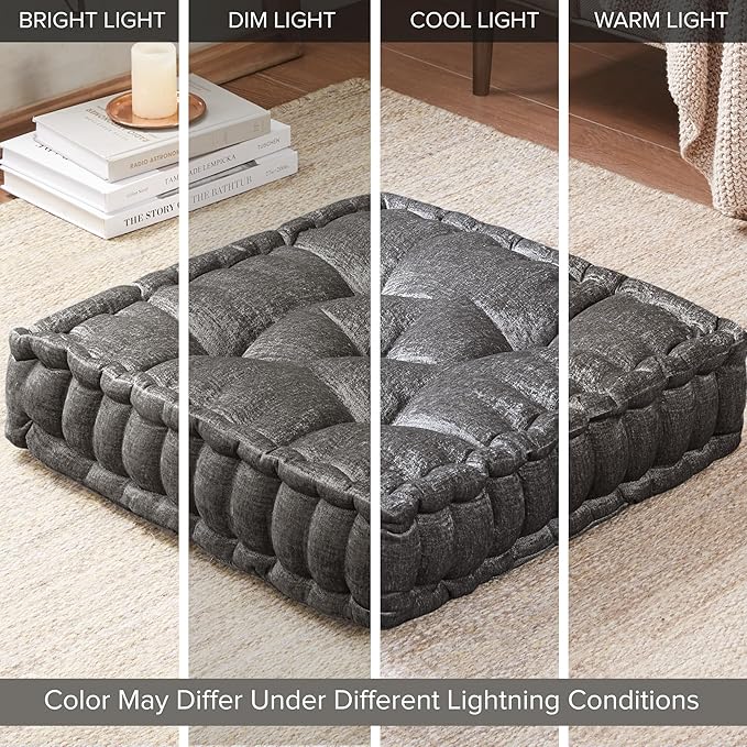 Intelligent Design Azza Floor Pillow, Large Cushions Sitting for Adults, Floor Pillow for Meditation or Yoga, Lustrous Chenille Tufted with Scalloped Edges for Bench/Chair Cushion, 20"x20"x5" Charcoal