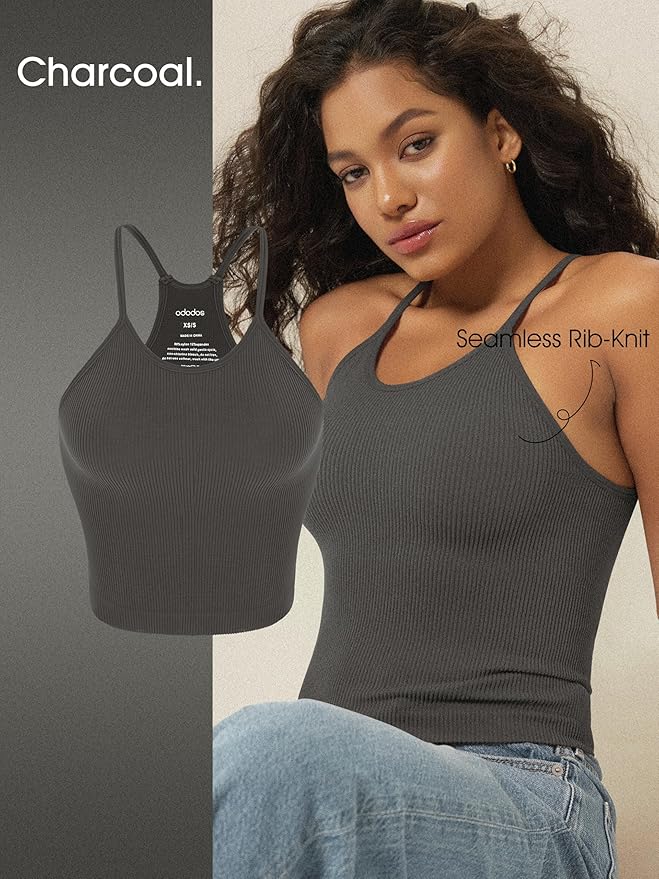 ODODOS Women's Crop 3-Pack Seamless Rib-Knit Camisole Crop Tank Tops