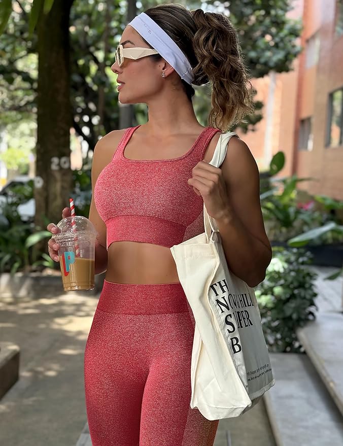OLCHEE Womens Workout Sets 2 Piece Seamless Square Neck Sports Bra Padded Butt Lifting Leggings High Waist Yoga Gym Outfits