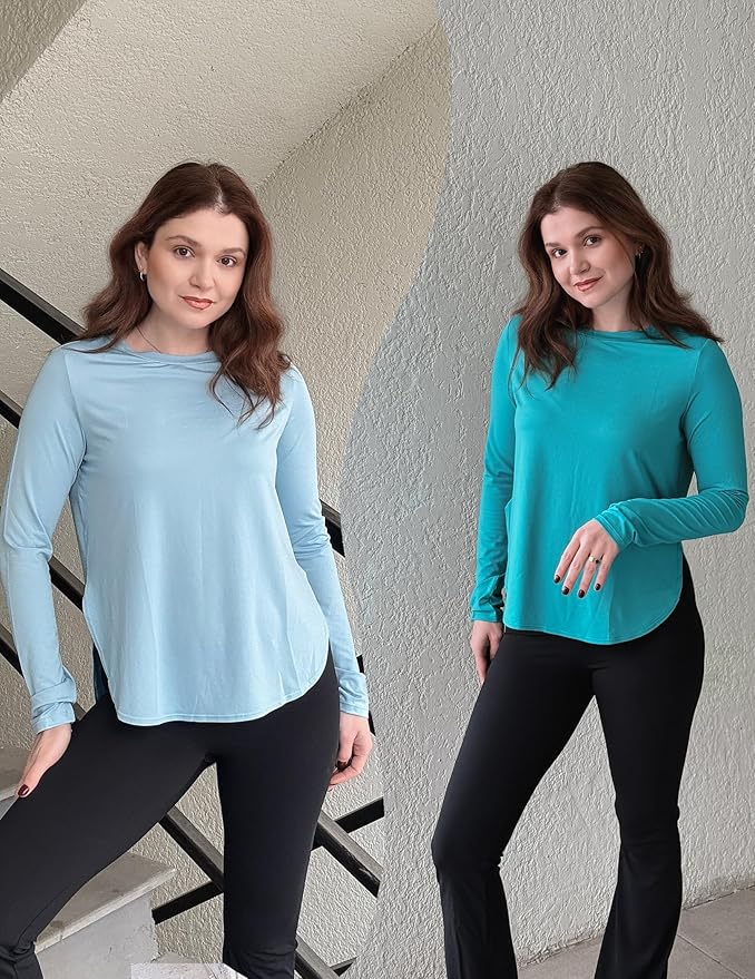 PINSPARK 2 Pack Long Sleeve Workout Tops for Women UV Protection Soft Workout Tops Lightweight Athletic Running Hiking Shirt