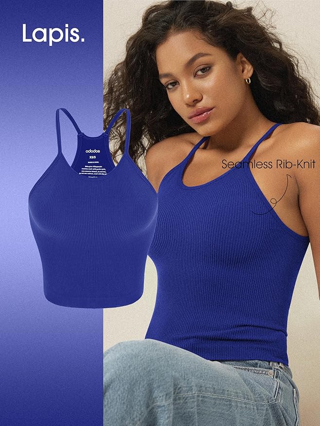 ODODOS Women's Crop 3-Pack Seamless Rib-Knit Camisole Crop Tank Tops