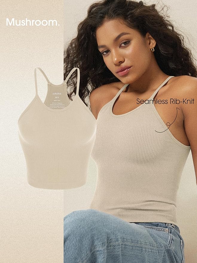 ODODOS Women's Crop 3-Pack Seamless Rib-Knit Camisole Crop Tank Tops