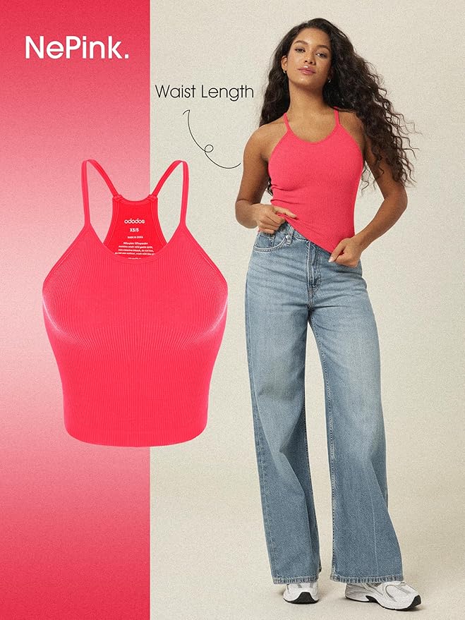 ODODOS Women's Crop 3-Pack Seamless Rib-Knit Camisole Crop Tank Tops