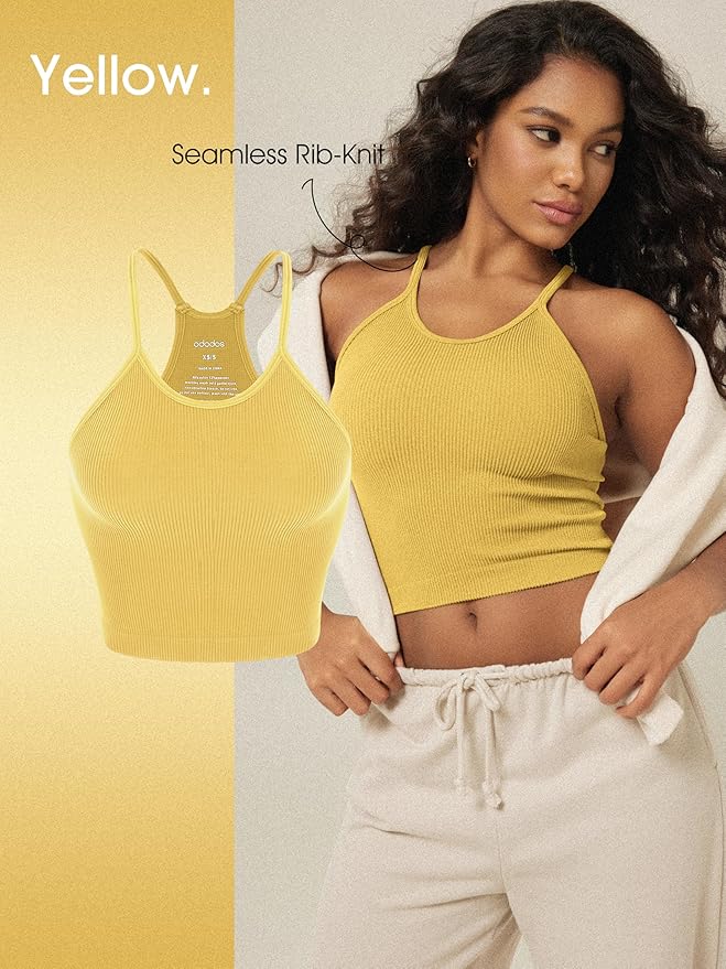 ODODOS Women's Crop 3-Pack Seamless Rib-Knit Camisole Crop Tank Tops