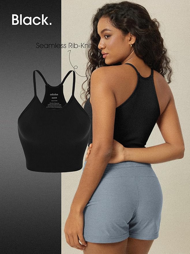 ODODOS Women's Crop 3-Pack Seamless Rib-Knit Camisole Crop Tank Tops