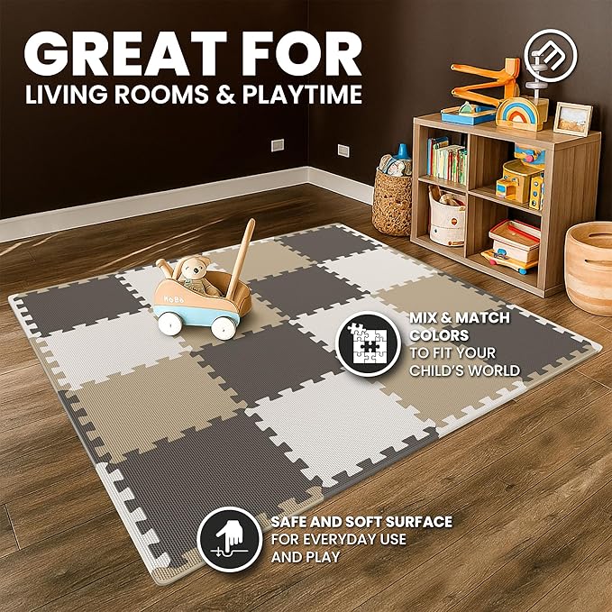 bemaxx Gym Mats Set - 18 pcs EVA Interlocking Foam Floor Tiles (12.6"x12.6"x0.4") 18sqft Protective Gym Flooring Sports Home Workout Exercise Mats Puzzle Garage Fitness Play-Room Pool Treadmill Bike