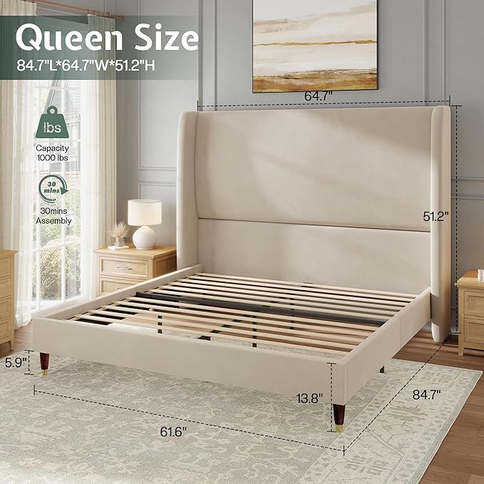 Jocisland Queen Size Bed Frame 51.2" Wingback Headboard Velvet Upholstered Platform Bed with Solid Wood Legs & Wooden Slats, No Box Spring Needed, Modern Minimalist Style, Easy Assembly, Off-White