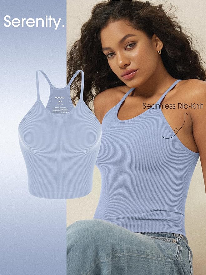 ODODOS Women's Crop 3-Pack Seamless Rib-Knit Camisole Crop Tank Tops