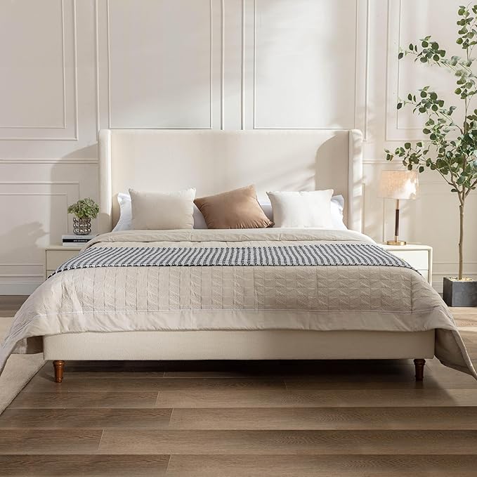Upholstered Bed Frame King Size, 54" Tall Headboard Wingback Upholstered Platform Bed Frame for Adults Bedroom Strong Wood Slats Support/No Box Spring Needed/Easy Assembly, Beige