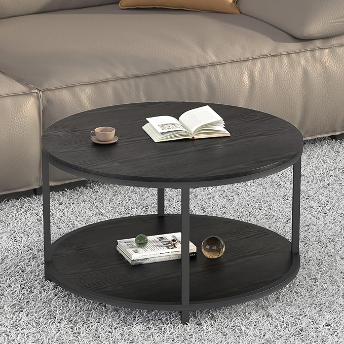 NSdirect Round Coffee Table, 27.6" Small Coffee Table for Living Room,2-Tier Rustic Wood Desktop with Storage Shelf Modern Design Home Furniture(Black)