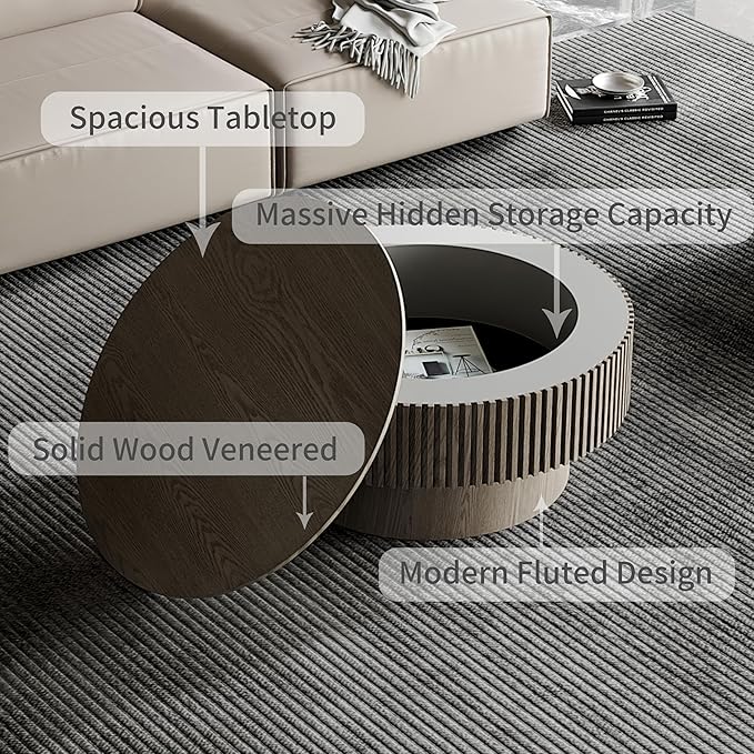31.5'' Round Coffee Table with Storage, Modern Luxury Circle Drum Center Tables with Solid Wood Veneered, Accent Side Coffee Table for Living Room, Bedroom, Apartment-Grey