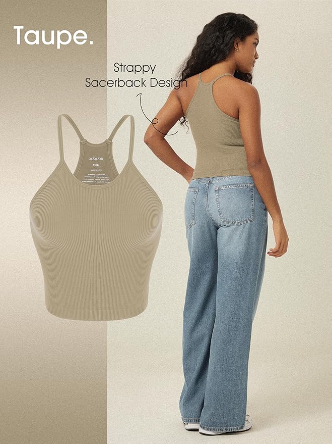 ODODOS Women's Crop 3-Pack Seamless Rib-Knit Camisole Crop Tank Tops