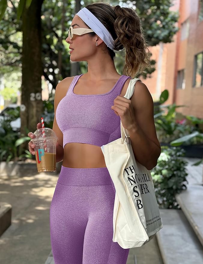 OLCHEE Womens Workout Sets 2 Piece Seamless Square Neck Sports Bra Padded Butt Lifting Leggings High Waist Yoga Gym Outfits