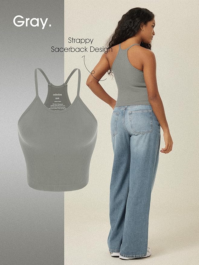 ODODOS Women's Crop 3-Pack Seamless Rib-Knit Camisole Crop Tank Tops