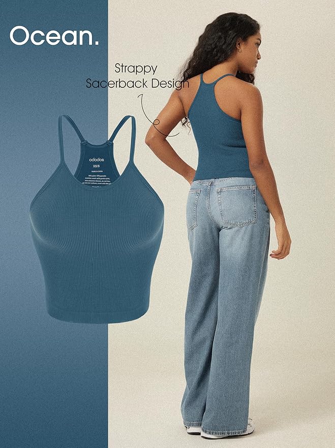 ODODOS Women's Crop 3-Pack Seamless Rib-Knit Camisole Crop Tank Tops