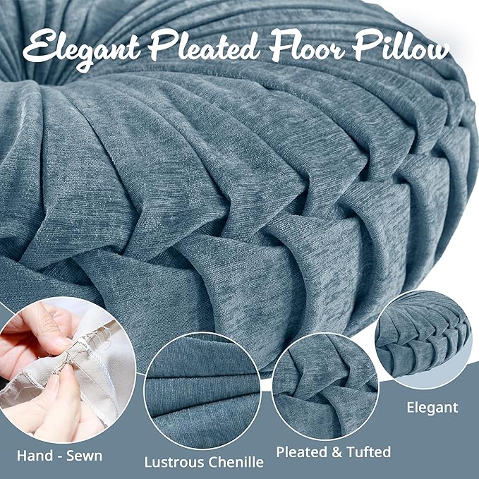 Intelligent Design Loretta Floor Pillow, Large Cushions Sitting for Adults, Floor Pillow for Meditation or Yoga, Lustrous Chenille Button Tufted, Pleated Design for Bench/Chair, 22"x22"x6", Aqua