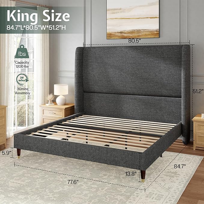 Jocisland King Size Bed Frame 51.2" Wingback Headboard Linen Upholstered Platform Bed with Solid Wood Legs & Wooden Slats, No Box Spring Needed, Modern Minimalist Style, Easy Assembly, Dark Gray