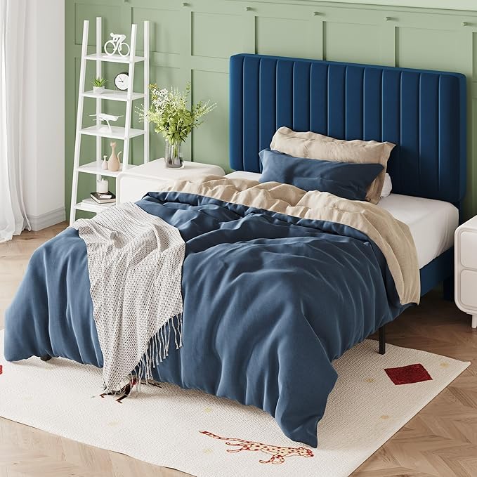 Allewie Twin Bed Frame, Velvet Upholstered Platform Bed with Adjustable Vertical Channel Tufted Headboard, Mattress Foundation with Strong Wooden Slats, Box Spring Optional, Easy Assembly, Navy Blue