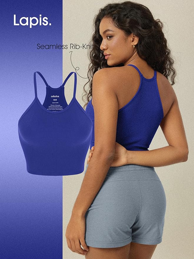 ODODOS Women's Crop 3-Pack Seamless Rib-Knit Camisole Crop Tank Tops