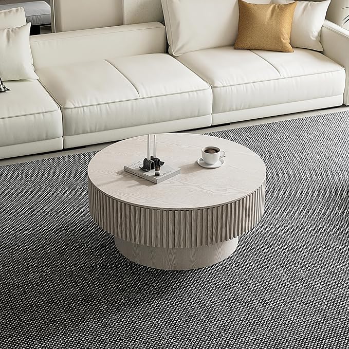 31.5'' Round Coffee Table with Storage, Modern Luxury Circle Drum Center Tables with Solid Wood Veneered, Accent Side Coffee Table for Living Room, Bedroom, Apartment-White
