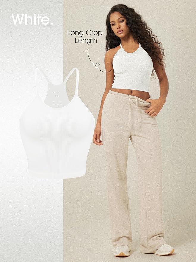 ODODOS Women's Crop 3-Pack Seamless Rib-Knit Camisole Crop Tank Tops