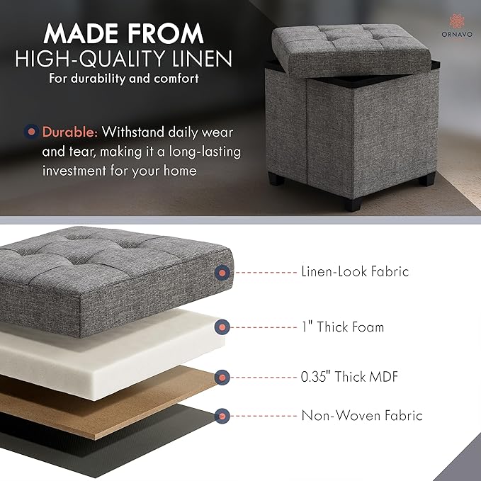 Ornavo Home Storage Ottoman with Legs, Square Cube Foot Rest Stool Seat, for Living Room, Bedroom, Home Office, Dorm - 15 x 15 x 15, Dark Gray