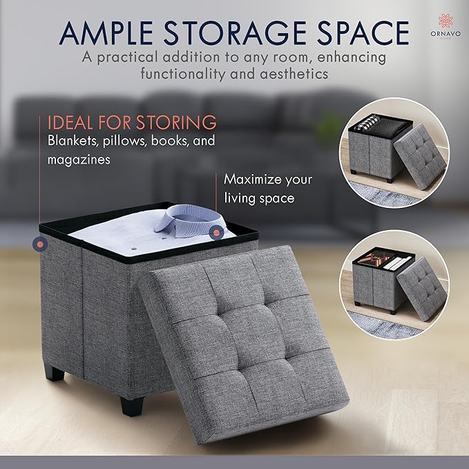 Ornavo Home Storage Ottoman with Legs, Square Cube Foot Rest Stool Seat, for Living Room, Bedroom, Home Office, Dorm - 15 x 15 x 15, Gray