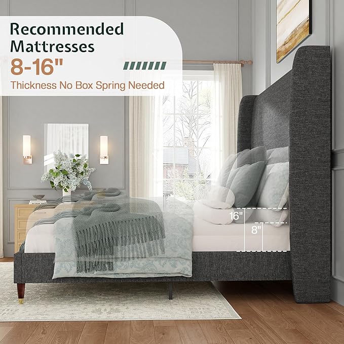 Jocisland King Size Bed Frame 51.2" Wingback Headboard Linen Upholstered Platform Bed with Solid Wood Legs & Wooden Slats, No Box Spring Needed, Modern Minimalist Style, Easy Assembly, Dark Gray