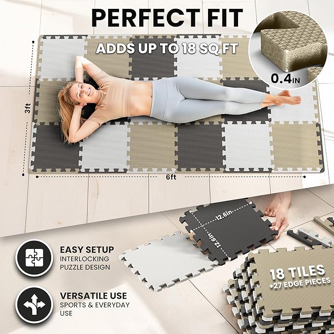 bemaxx Gym Mats Set - 18 pcs EVA Interlocking Foam Floor Tiles (12.6"x12.6"x0.4") 18sqft Protective Gym Flooring Sports Home Workout Exercise Mats Puzzle Garage Fitness Play-Room Pool Treadmill Bike