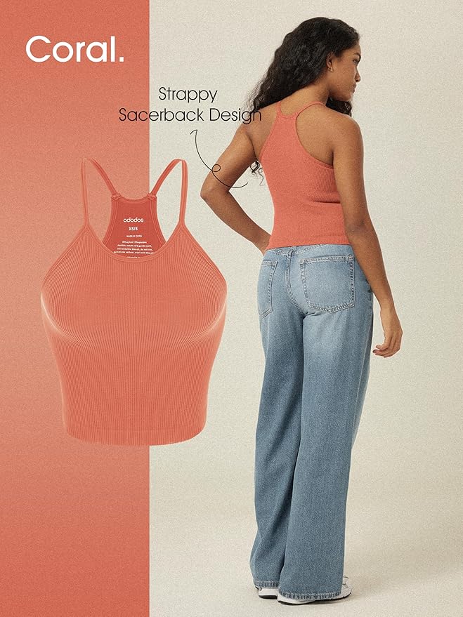 ODODOS Women's Crop 3-Pack Seamless Rib-Knit Camisole Crop Tank Tops