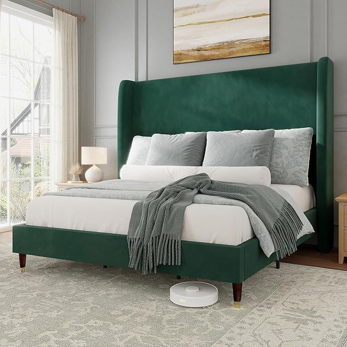 Jocisland Full Size Bed Frame 51.2" Wingback Headboard Velvet Upholstered Platform Bed with Solid Wood Legs & Wooden Slats, No Box Spring Needed, Modern Minimalist Style, Easy Assembly, Dark Green