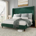 Jocisland Full Size Bed Frame 51.2" Wingback Headboard Velvet Upholstered Platform Bed with Solid Wood Legs & Wooden Slats, No Box Spring Needed, Modern Minimalist Style, Easy Assembly, Dark Green