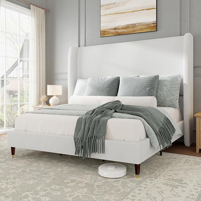 Jocisland Full Size Bed Frame 51.2" Wingback Headboard Linen Upholstered Platform Bed with Solid Wood Legs & Wooden Slats, No Box Spring Needed, Modern Minimalist Style, Easy Assembly, White