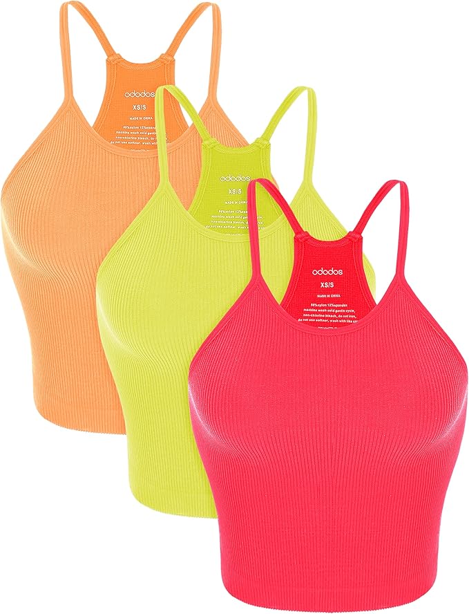 ODODOS Women's Crop 3-Pack Seamless Rib-Knit Camisole Crop Tank Tops