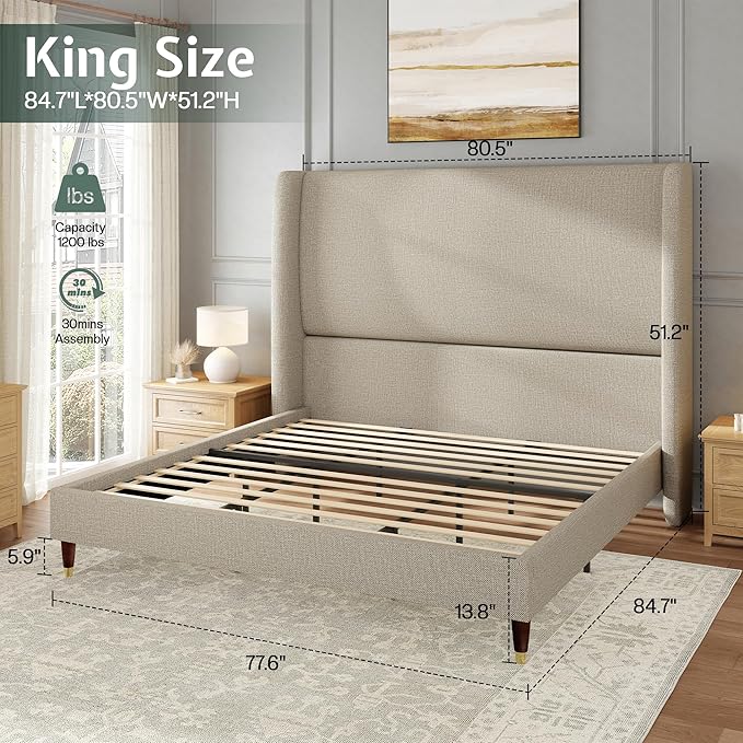 Jocisland King Size Bed Frame 51.2" Wingback Headboard Linen Upholstered Platform Bed with Solid Wood Legs & Wooden Slats, No Box Spring Needed, Modern Minimalist Style, Easy Assembly, Brown